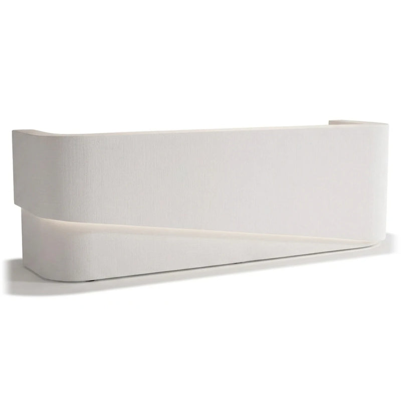 Sorelle reception desk with wraparound ribbon body, studio angle