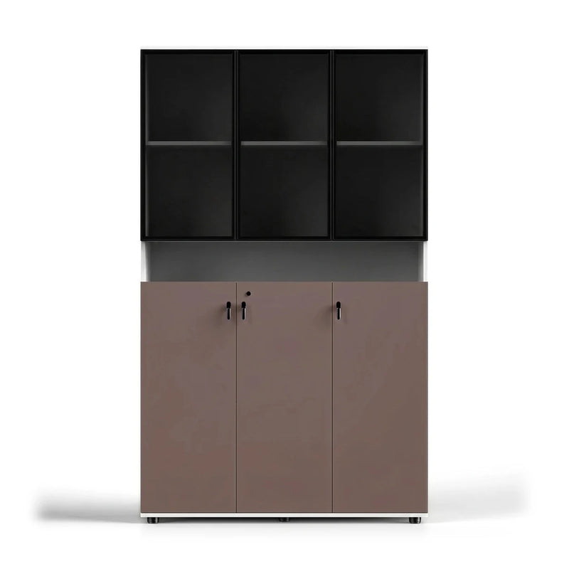 Thurby 4′ (48-inch) office cabinet, black glass-front display top over clay pink lower doors, front view on white