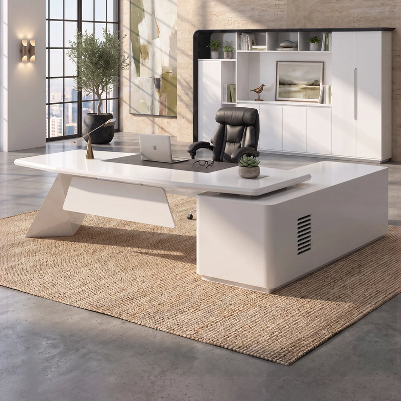Turing white desk in a travertine tower office