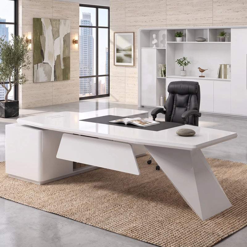 Turing desk with its angled leg in a travertine tower office