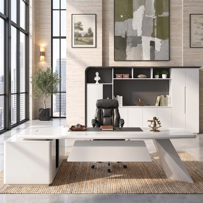 Turing desk, other return, straight on in a tower office