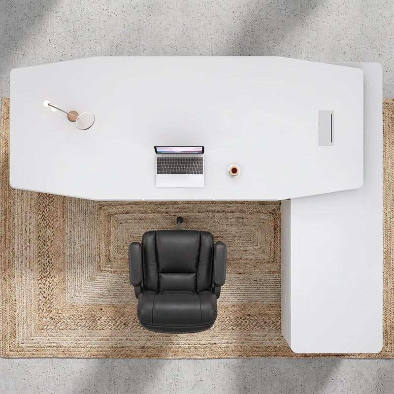 Turing desk and chair from above on a jute rug