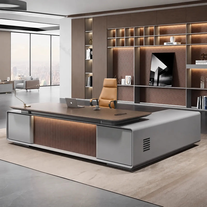 Twilley desk, left return, from above with tan chair