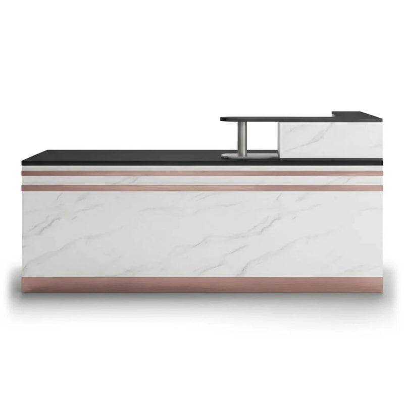 Hayes reception desk in white marble with copper bands and floating black counter