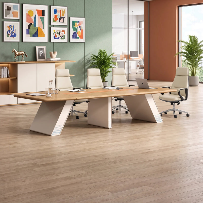 Unity 15′9″ (189-inch) conference table seating 14 in brown oak with cream chairs and a credenza
