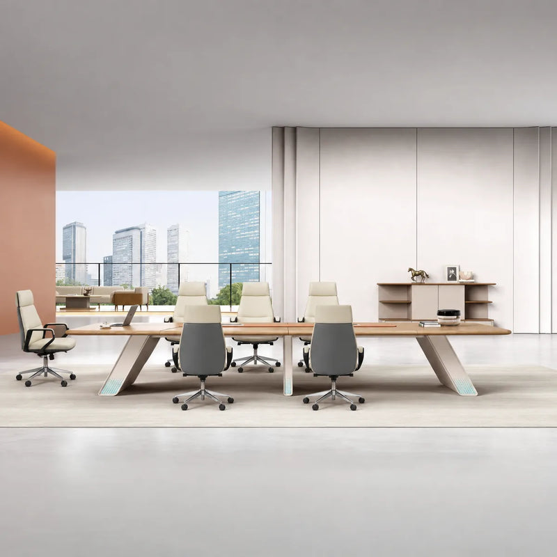 Unity contemporary conference table with cream chairs viewed straight on, city view behind