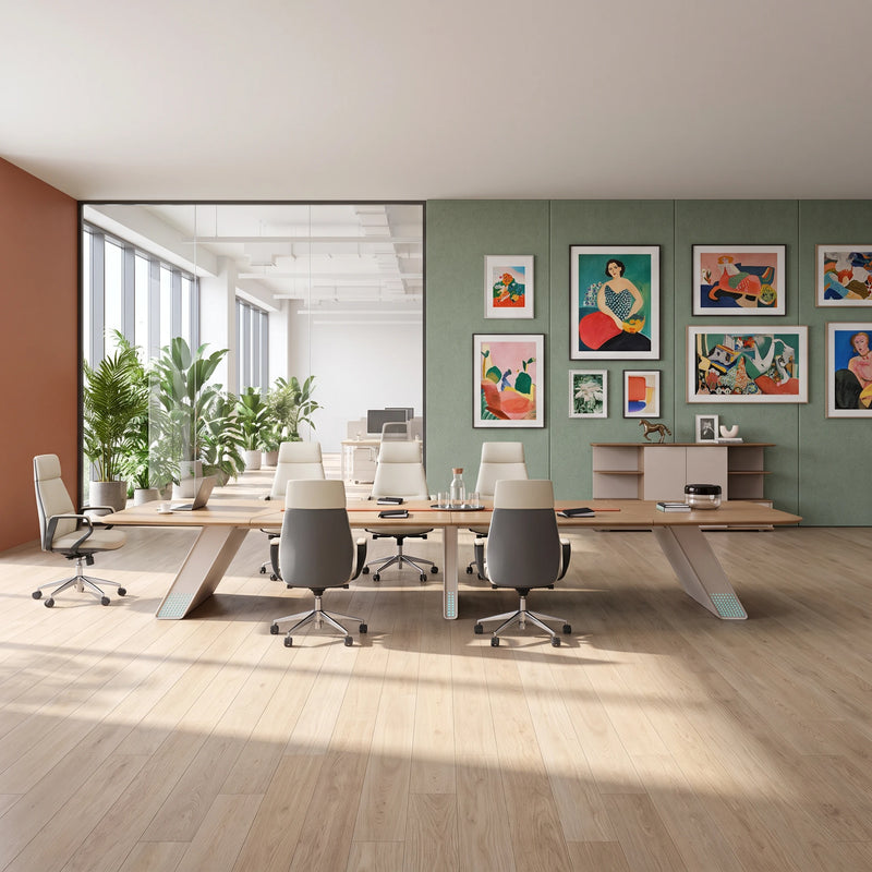 Unity contemporary conference table with cream chairs viewed straight on, city view behind