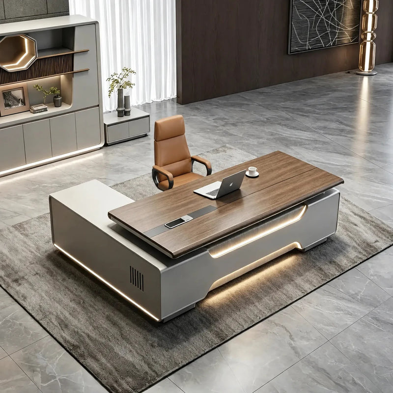 Valence desk from above in a marble-floored office