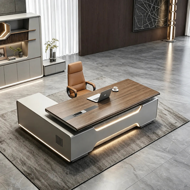 Valence desk from above in a marble-floored office