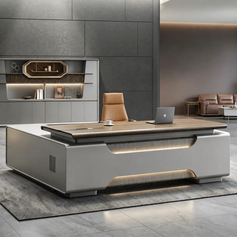 Valence desk, right return, under-glow lighting on stone tile