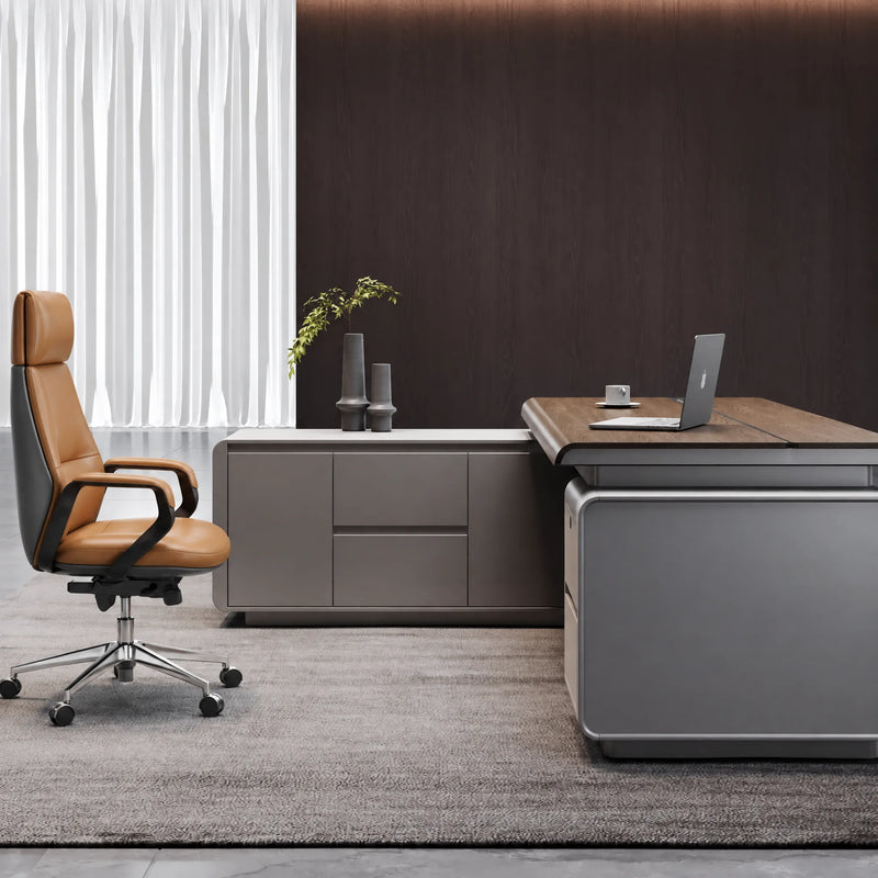 Valence desk beside its long credenza with brown chair