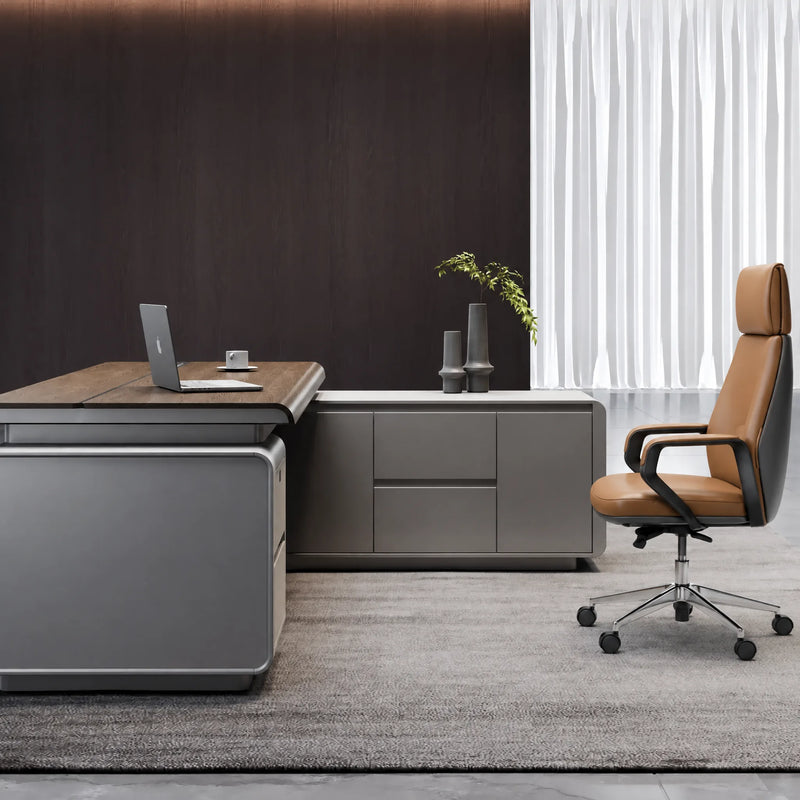 Valence credenza and desk with tan leather chair