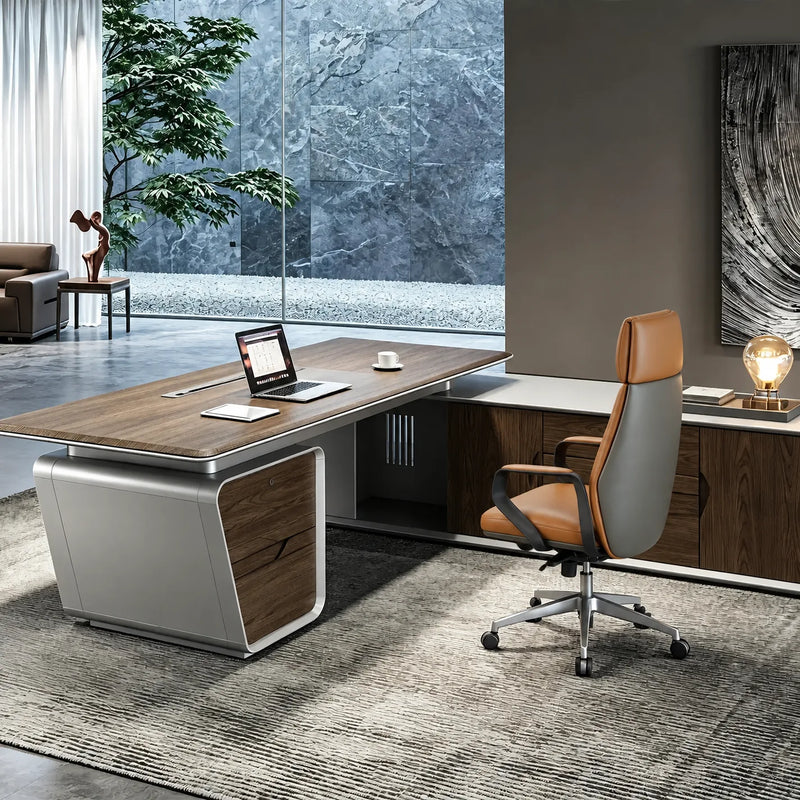 Varell desk with high-back chair by a stone feature wall