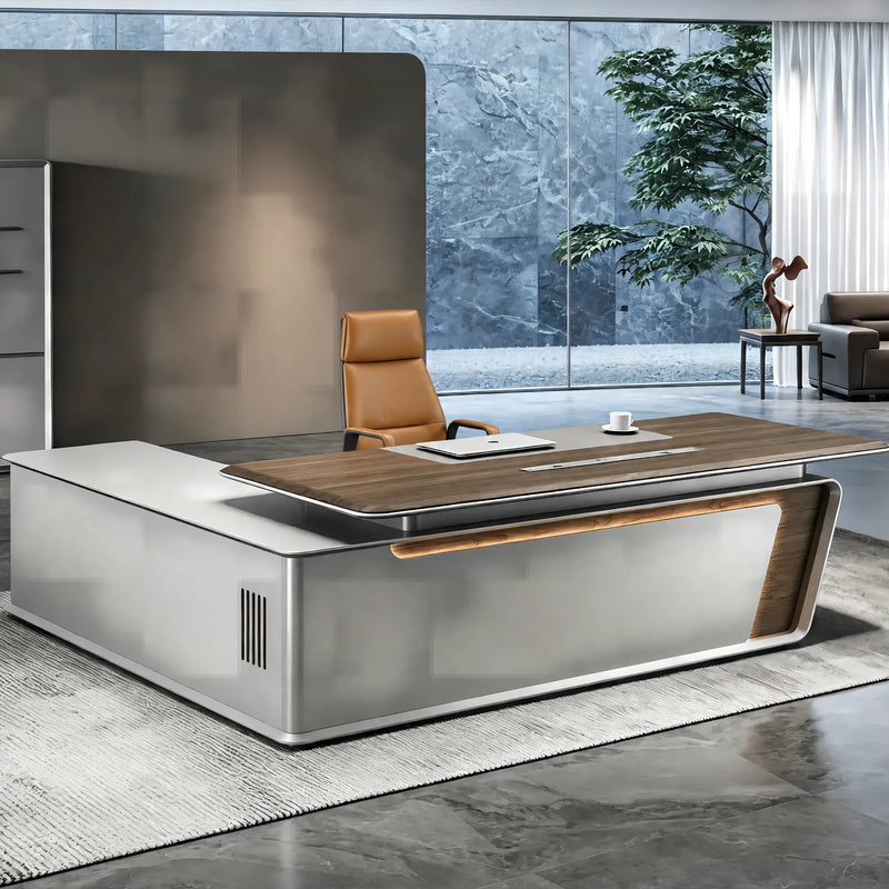 Varell desk with amber liner glow, right return