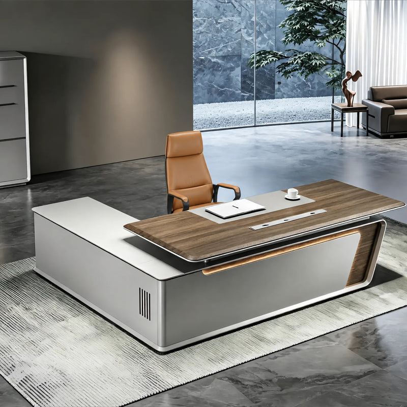 Varell desk, right return, pearl gray with walnut reveal