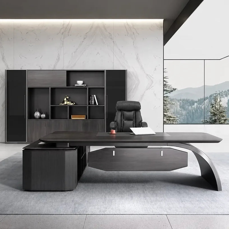 Ventura desk with floating gray drawer box, executive chair