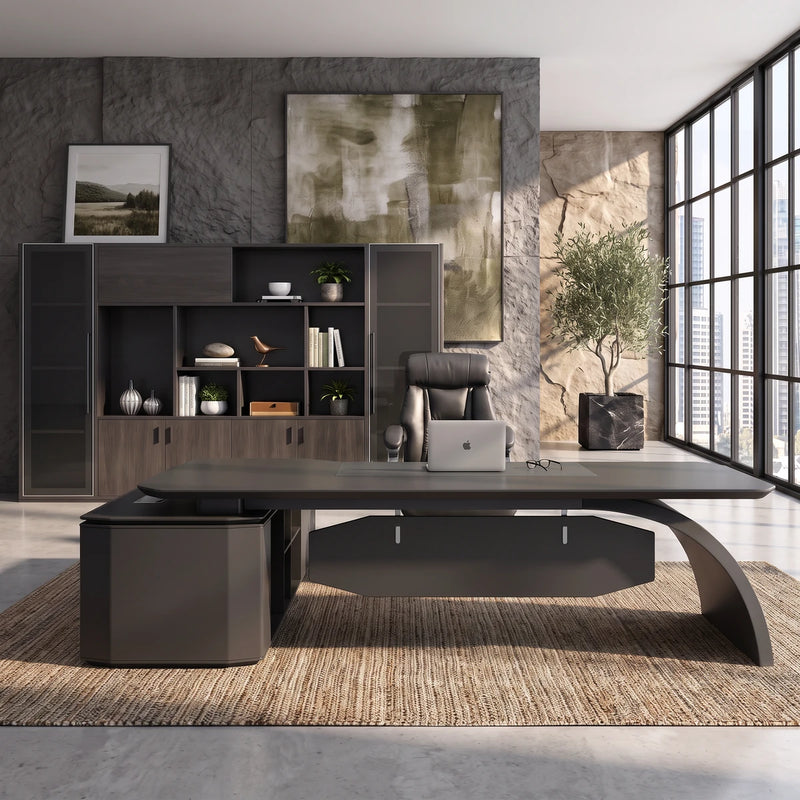 Ventura desk straight on with its arched leg, tower office