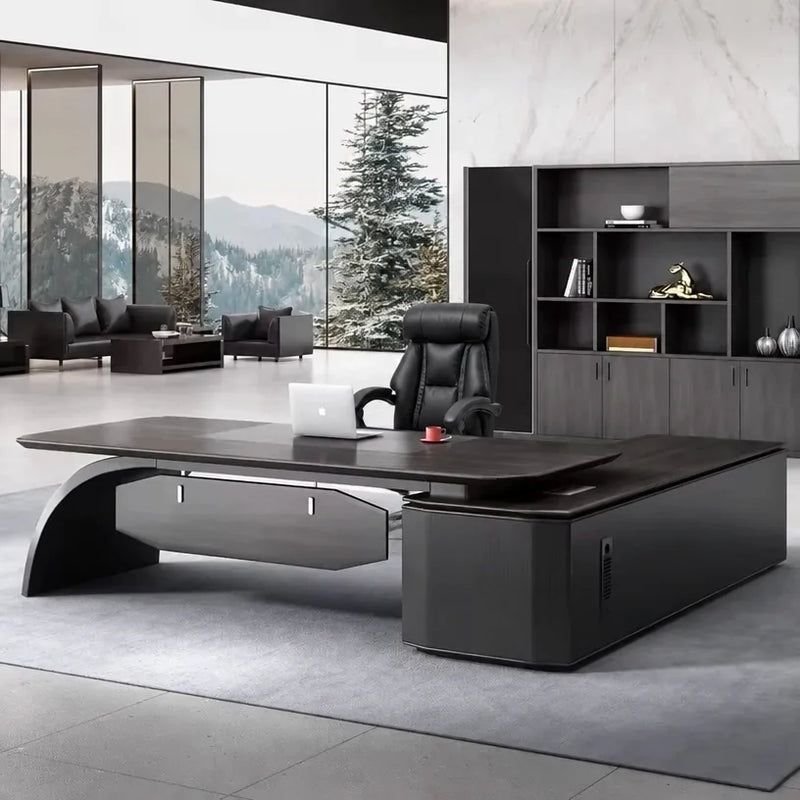Ventura desk in midnight black, left return, forest windows