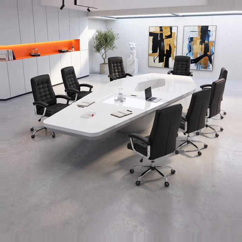 Vertix white high-gloss boardroom table with black leather chairs and a laptop against a night city skyline