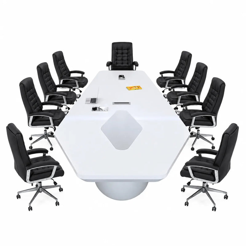 Vertix white conference table with nine black leather chairs on a round dome base, viewed from the end