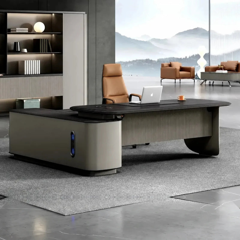 Verum desk beneath a brass halo in a mountain office