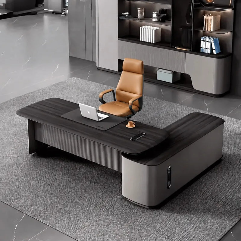 Verum desk, left return, cognac chair from above
