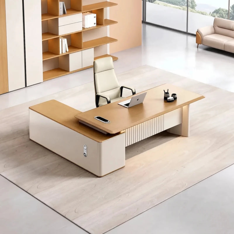 Vesta desk, right return, in a golden shelf-lined office