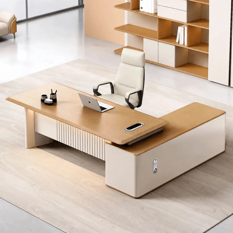 Vesta desk, left return, keyed pedestal by the window