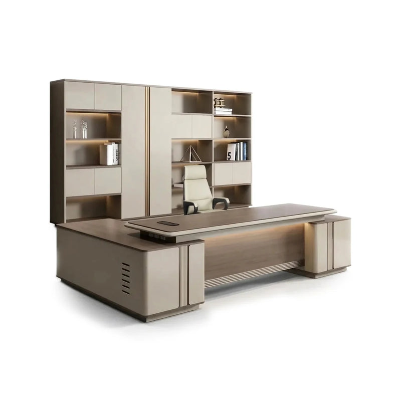Stanford executive desk in walnut and champagne with lit reveal