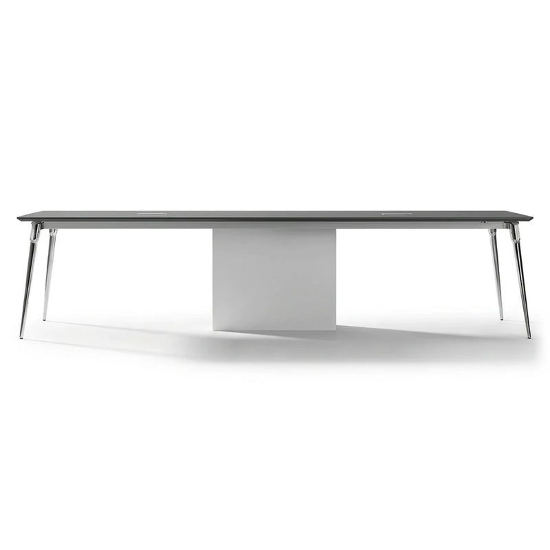 Ensemble modern white meeting table on slim chrome legs with a center storage pedestal, 7′3″ or 10′6″ (87 or 126-inch) length