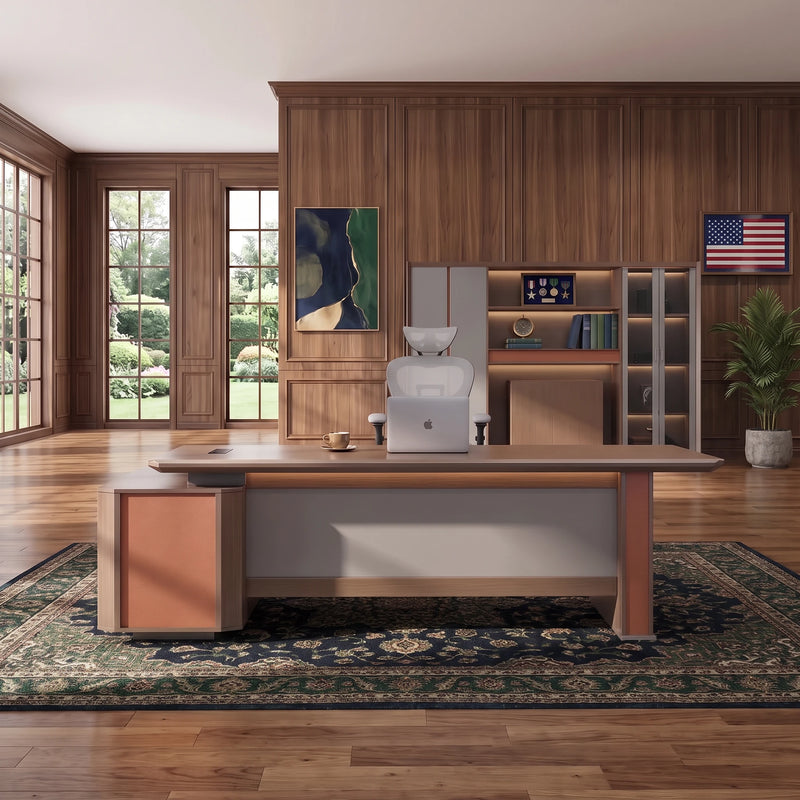 Walsh desk, right return, dark paneling and city lights