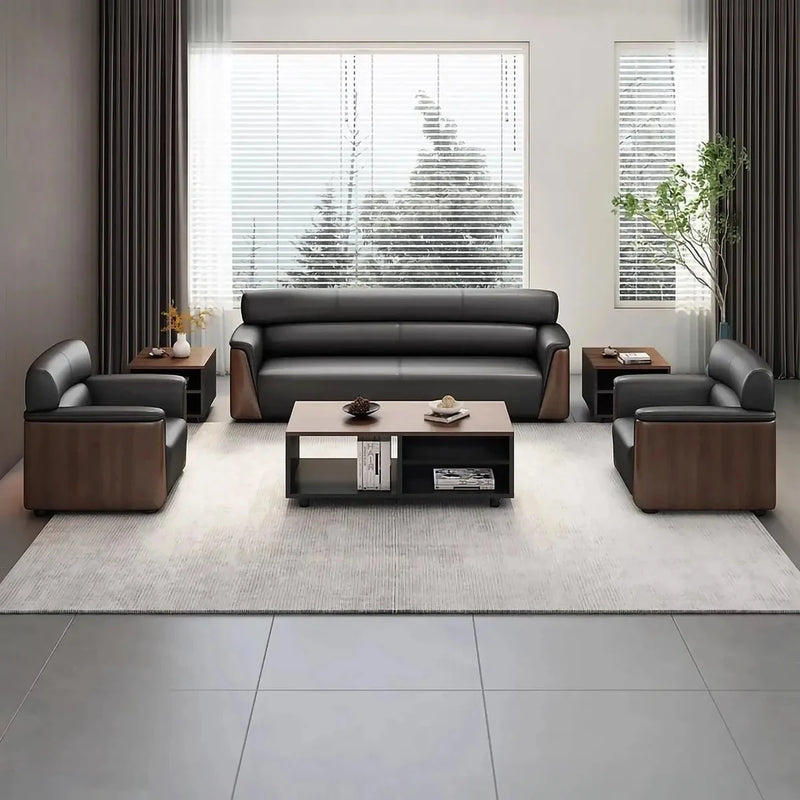 Täby black lounge set with a walnut coffee table in a lounge with sheer curtains and a slatted wall