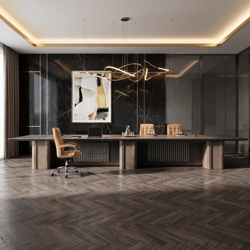 Westmere walnut boardroom table with tan chairs beneath a tiered chandelier, viewed straight on