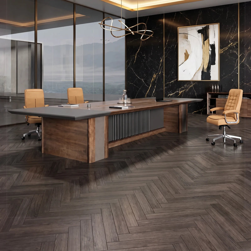 Westmere conference table in walnut with a tan leather chair and a window with mountain views