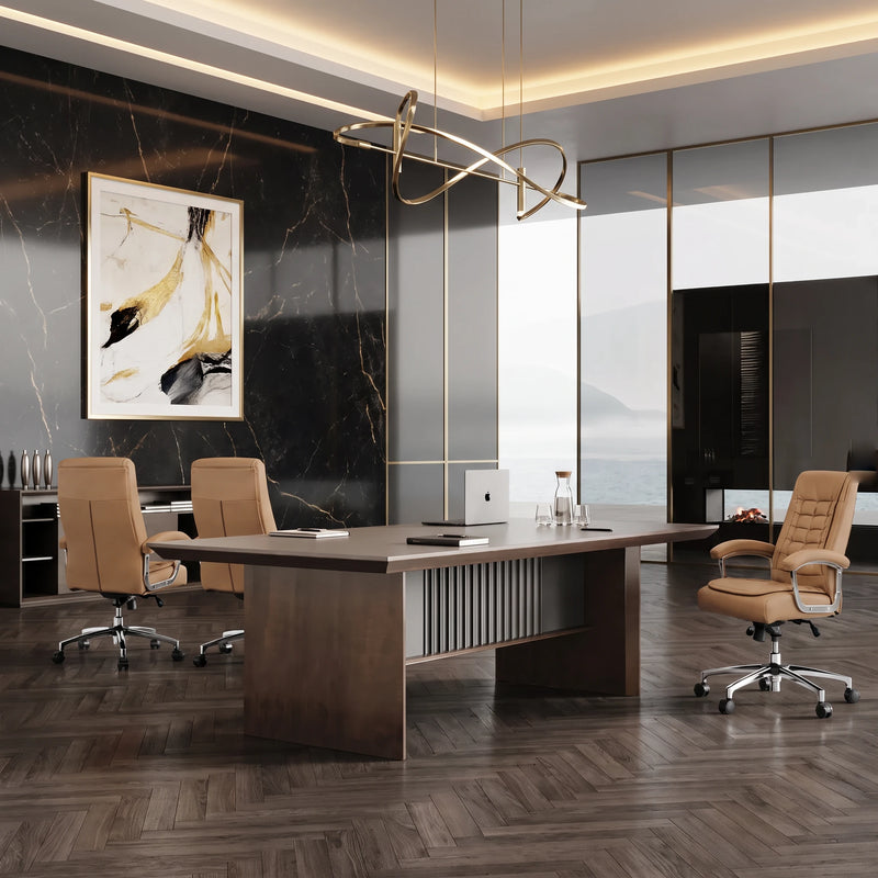 Westmere executive conference table with three tan chairs facing a wall-mounted screen