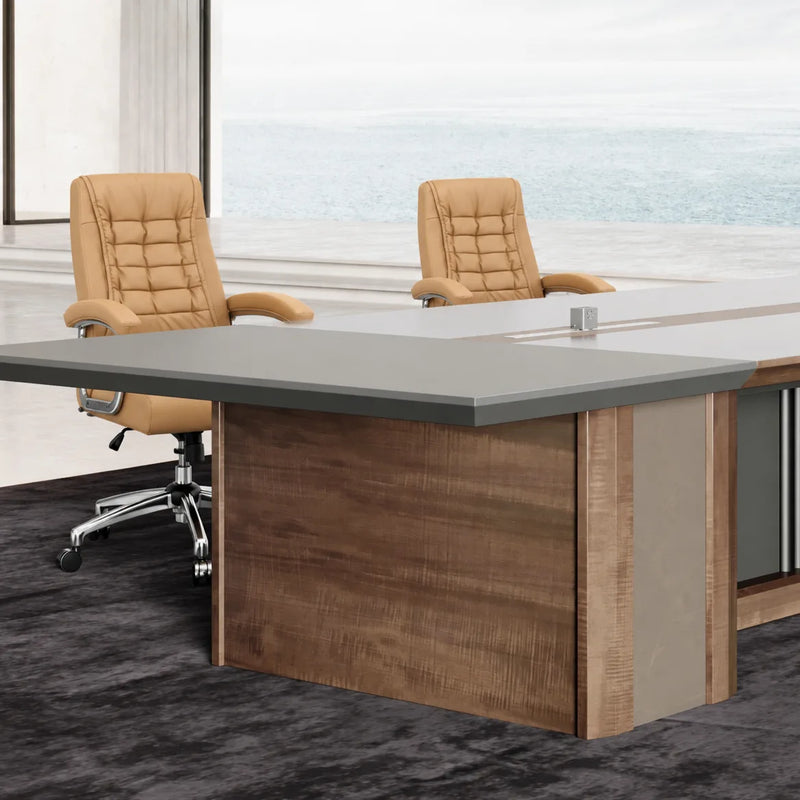 Westmere table end close up with two tan chairs, showing the slatted walnut storage pedestal