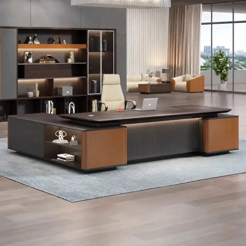 Wilcroft grand desk in a skyline office with lit shelf wall