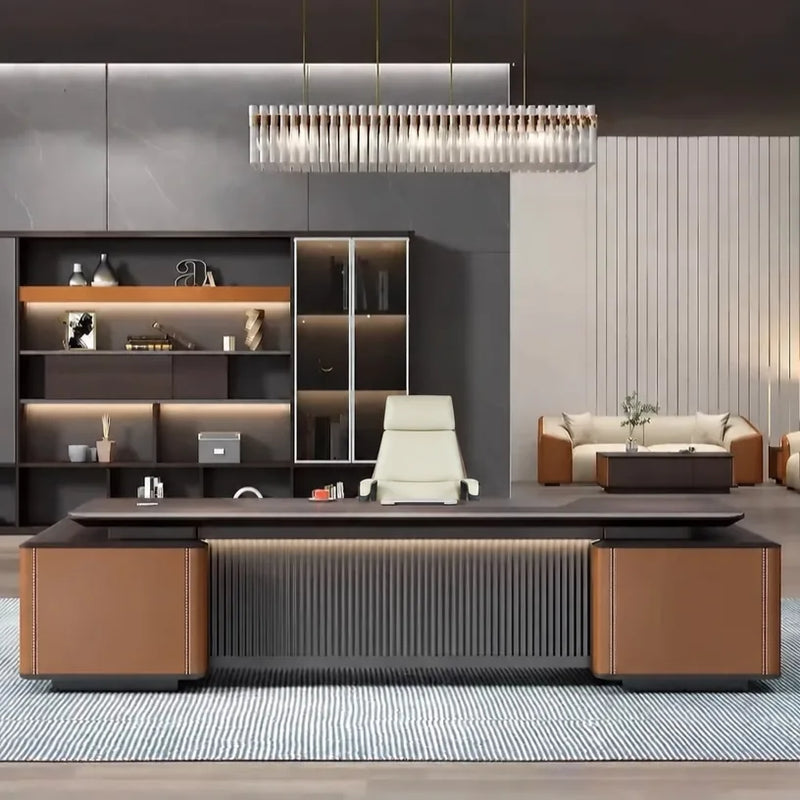 Wilcroft desk beneath a crystal bar chandelier, sofas behind
