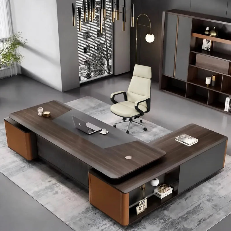 Wilcroft desk, left return, in a gray office with floor lamp
