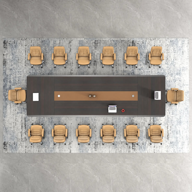 Top-down view of the Winslow conference table seating 14 in orange chairs, cognac center panel with power modules