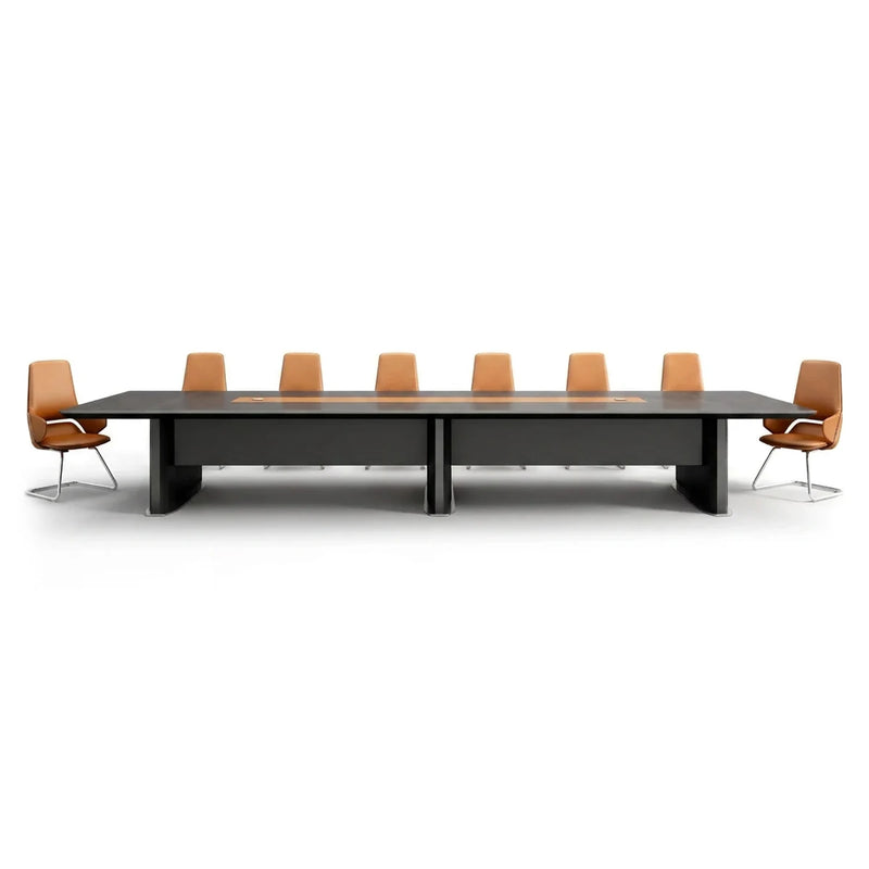 Winslow luxury conference table in dark woodgrain with a cognac leather-look center panel, 11′10″ to 19′8″ (142 to 236-inch) lengths