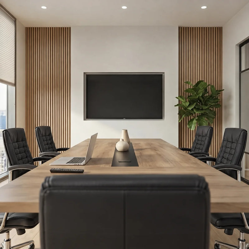 Wright conference table viewed from behind a black leather chair toward the wall screen