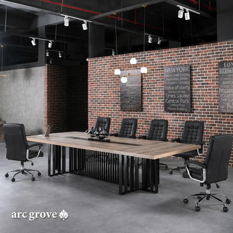 Wright conference table in a brick-walled loft with black leather chairs, angled view
