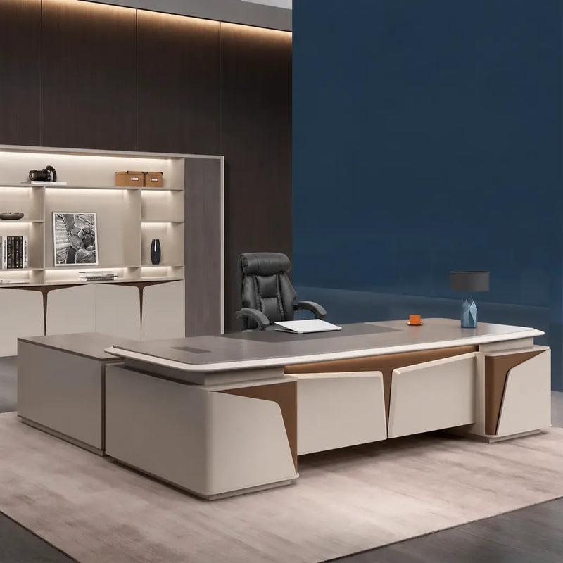 Wynn desk, right return, in an espresso-walled office