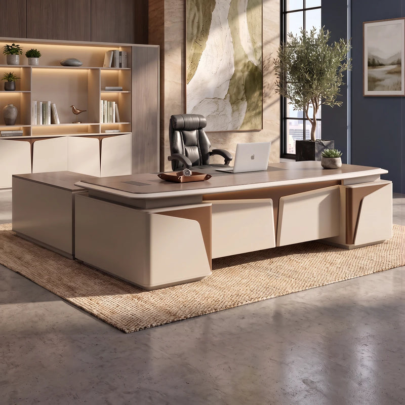 Wynn desk, right return, in an espresso-walled office