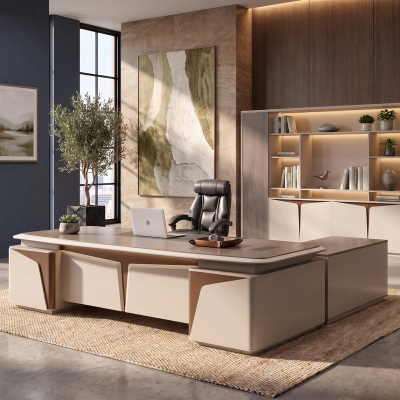Wynn desk, left return, ivory pedestals with copper fins