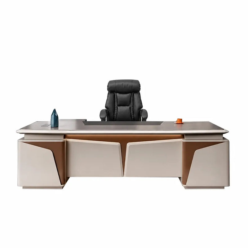 Wynn desk front-on, fin-accented pedestals on white