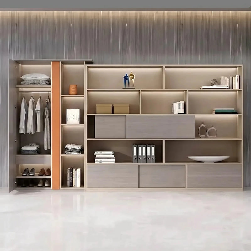Perrin office shelves with the wardrobe open, hanging shirts and shoes beside lit display tiers and drawers