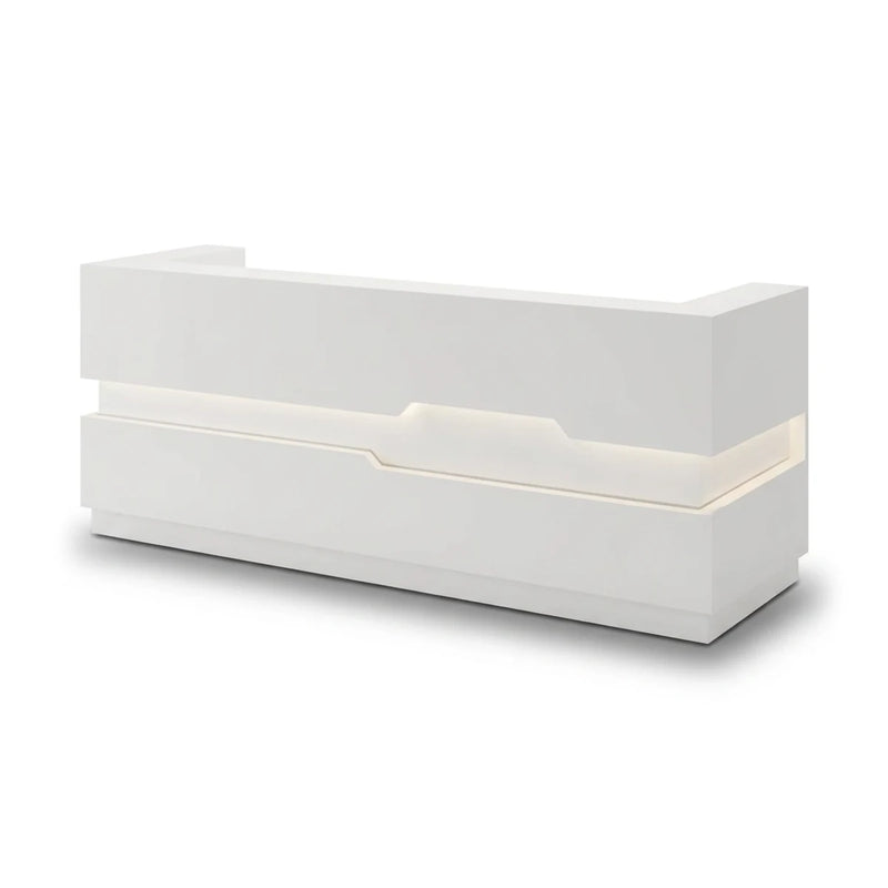 Eris reception desk in glossy white with a lit waist channel, studio angle