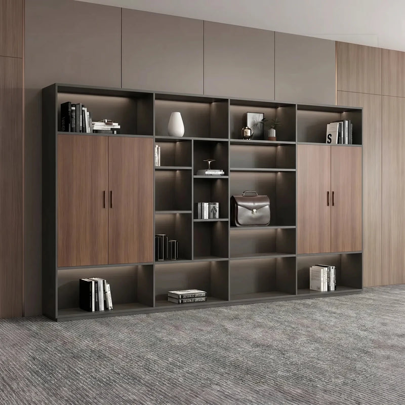Renatus luxury mahogany office shelves front view in a paneled room, books and a briefcase on the grid shelves
